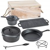 Lot de 7 pièces poêle casserole en fonte plaque gril set cuisine campi