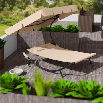 Bain de Soleil avec 1 auvent et 2 oreillers Lit de jardin extérieur / Beige