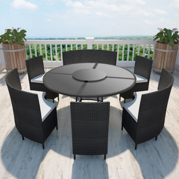 Salon de jardin en polyrotin Ensemble table ronde et chaises 12 personnes / Noir