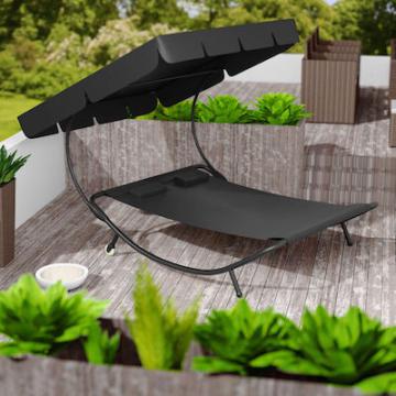 Bain de Soleil avec 1 auvent et 2 oreillers Lit de jardin extérieur / Noir