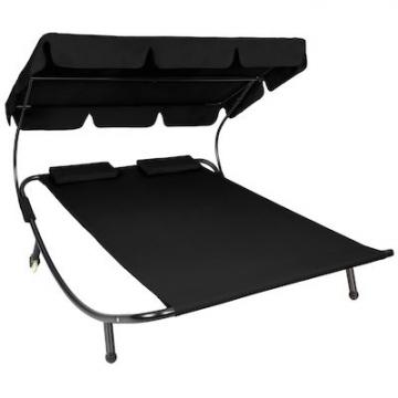 Bain de Soleil avec 1 auvent et 2 oreillers Lit de jardin extérieur / Noir
