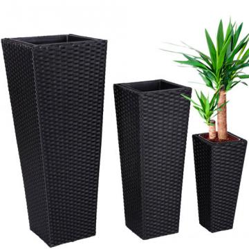 3 Pots de fleurs en rotin résine tressée bac à fleurs meuble jardin / Noir