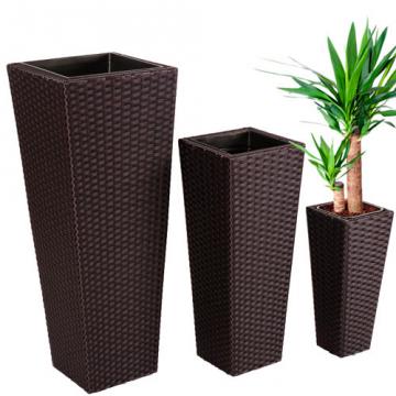 3 Pots de fleurs en rotin résine tressée bac à fleurs meuble jardin / Marron